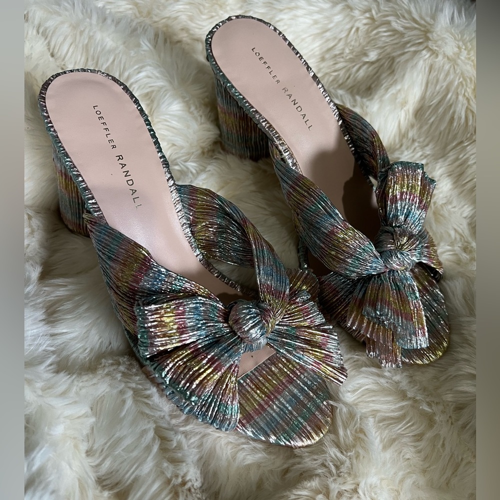 Pleated heeled sandal in metallic colorful print. 3.5-inch heel. never worn